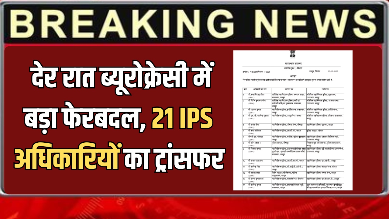 Rajasthan IPS Transfer : देर रात ब्यूरोक्रेसी में बड़ा फेरबदल, भजनलाल सरकार ने क‍िया 21 IPS अध‍िकार‍ियों का ट्रांसफर, अजय पाल लांबा को मिली अहम जिम्मेदारी, देखें लिस्ट